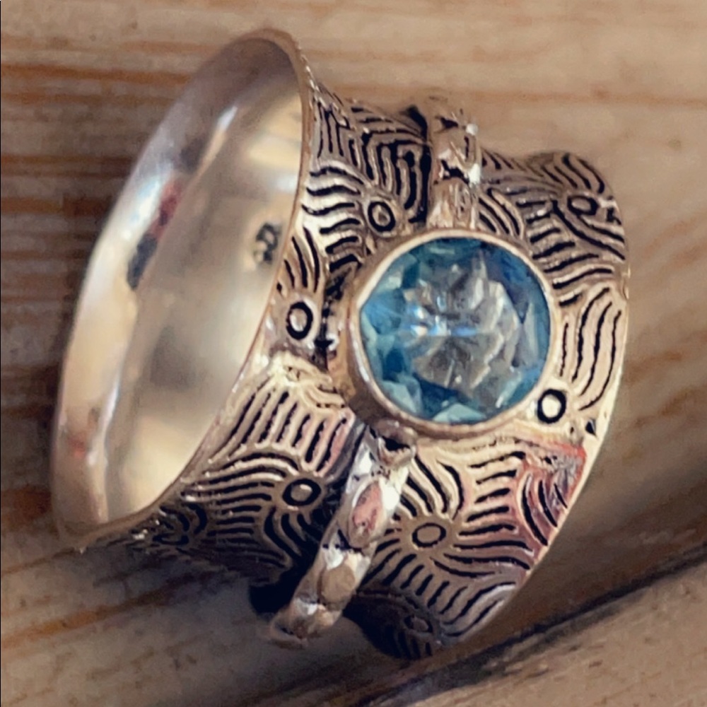 Fidget Ring Blue Topaz Spinner Sterling Silver Artisan Anxiety Ring - Picture 6 of 10
